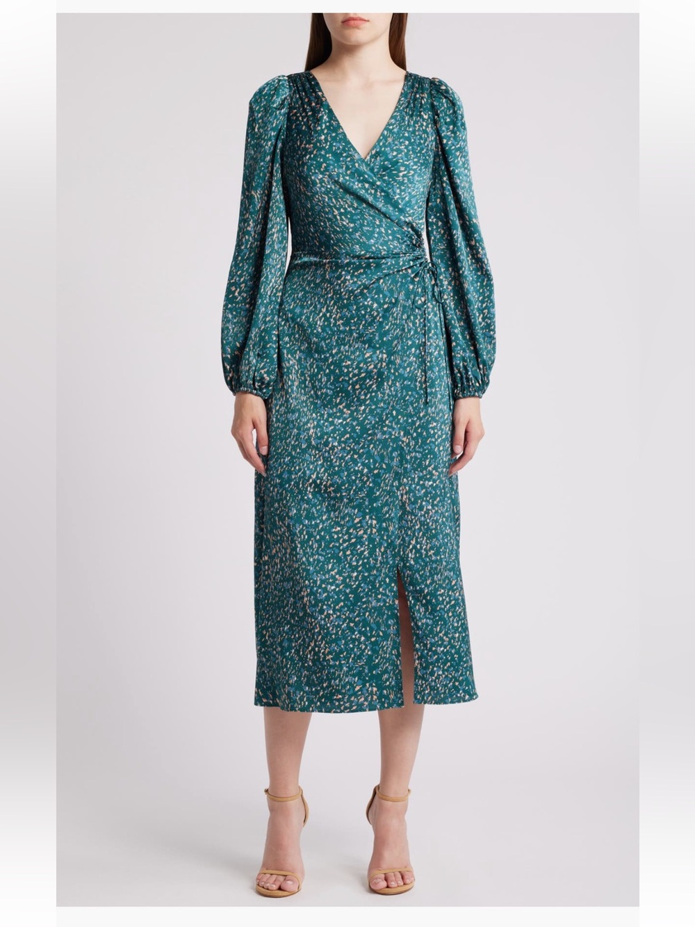 Mila Mae Abstract Print Side Ruched Long Sleeve Satin Dress green large NWT